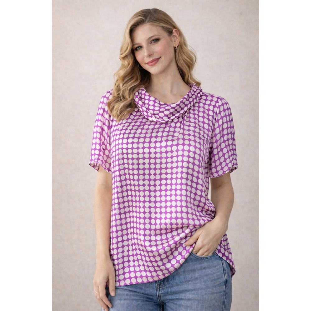WB10 Banana Republic Polka Dot‎  Blouse Silk Top Women's Tall L Purple White